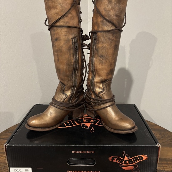 Freebird Coal Bronze Knee-High Lace-Up Leather Boots - Picture 6 of 8